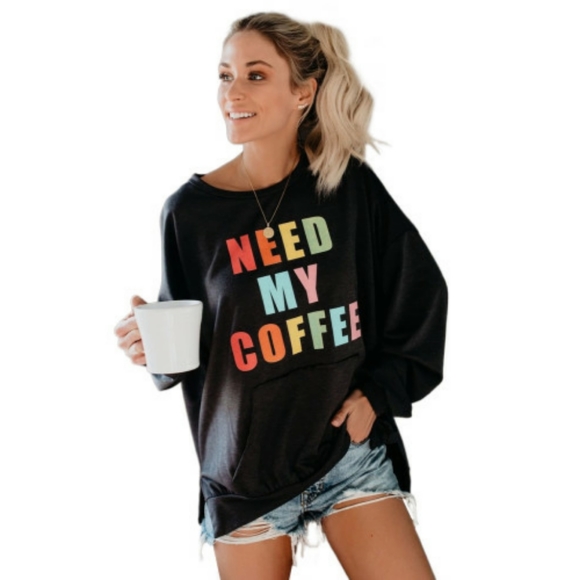 💚LAST ONE Black Need My Coffee Sweater w Pocket - Picture 2 of 6